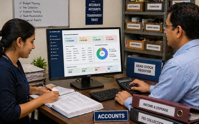 Accounts and dead stock tracking — education institute ERP